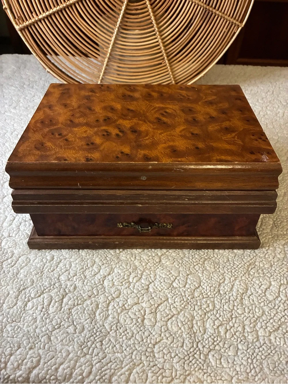 Vintage Style Burl Wood Jewelry Box Organizer Mirror Drawer Brass Hardware
